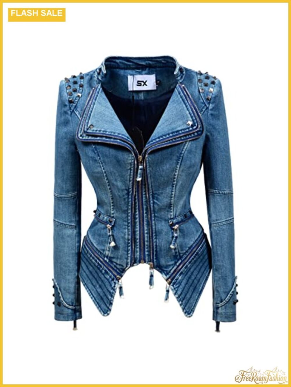 Rivet Denim Moto Jacket Slim Fit Notch Collar Zipper Closure Dovetail
